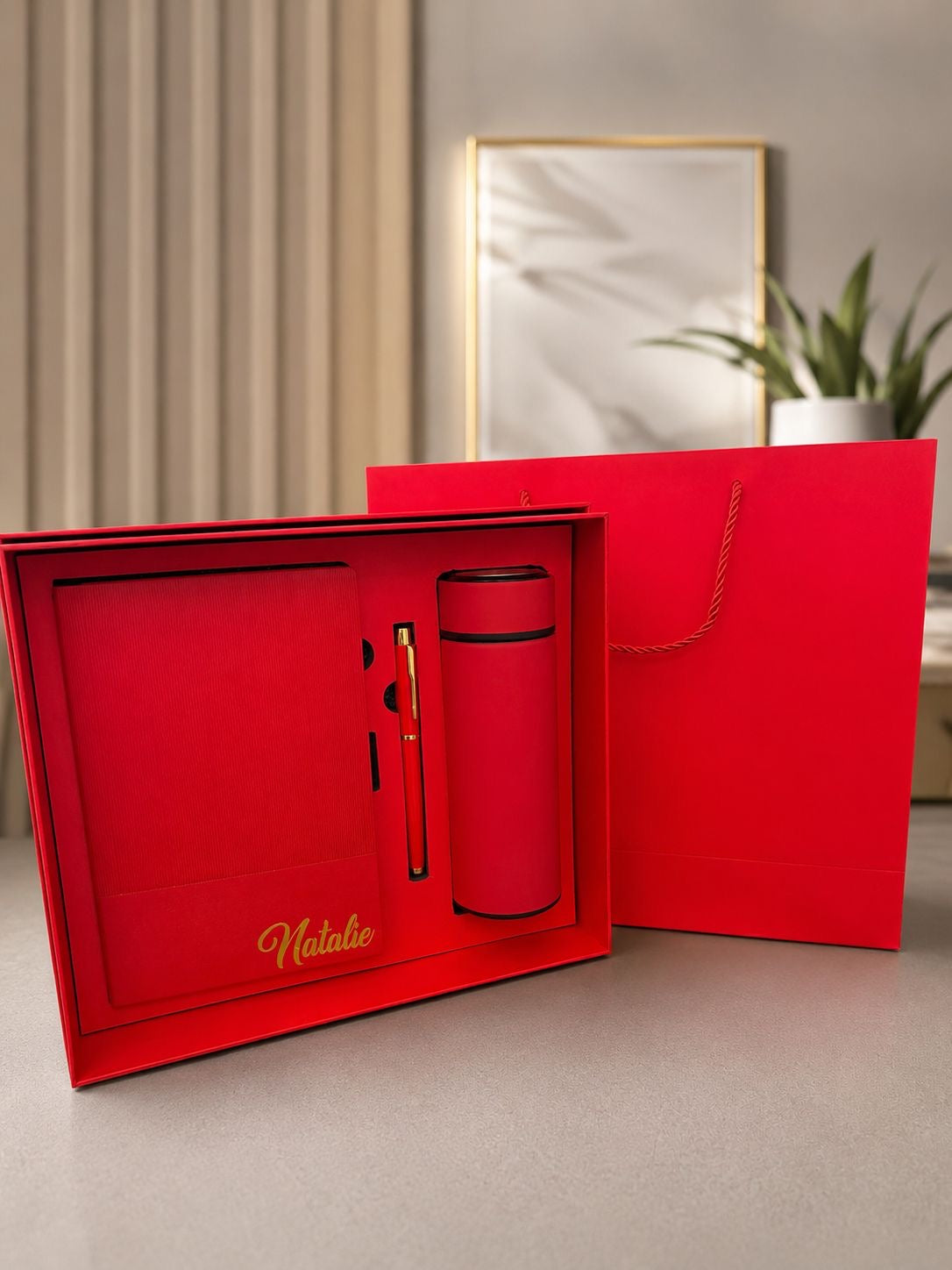 Notepad, thermos and pen