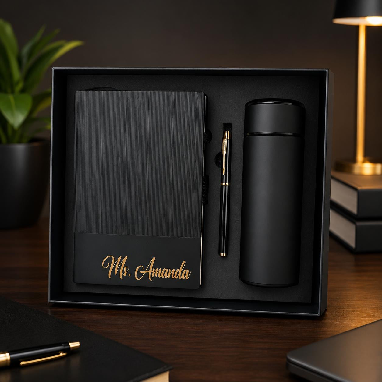 Notepad, thermos and pen