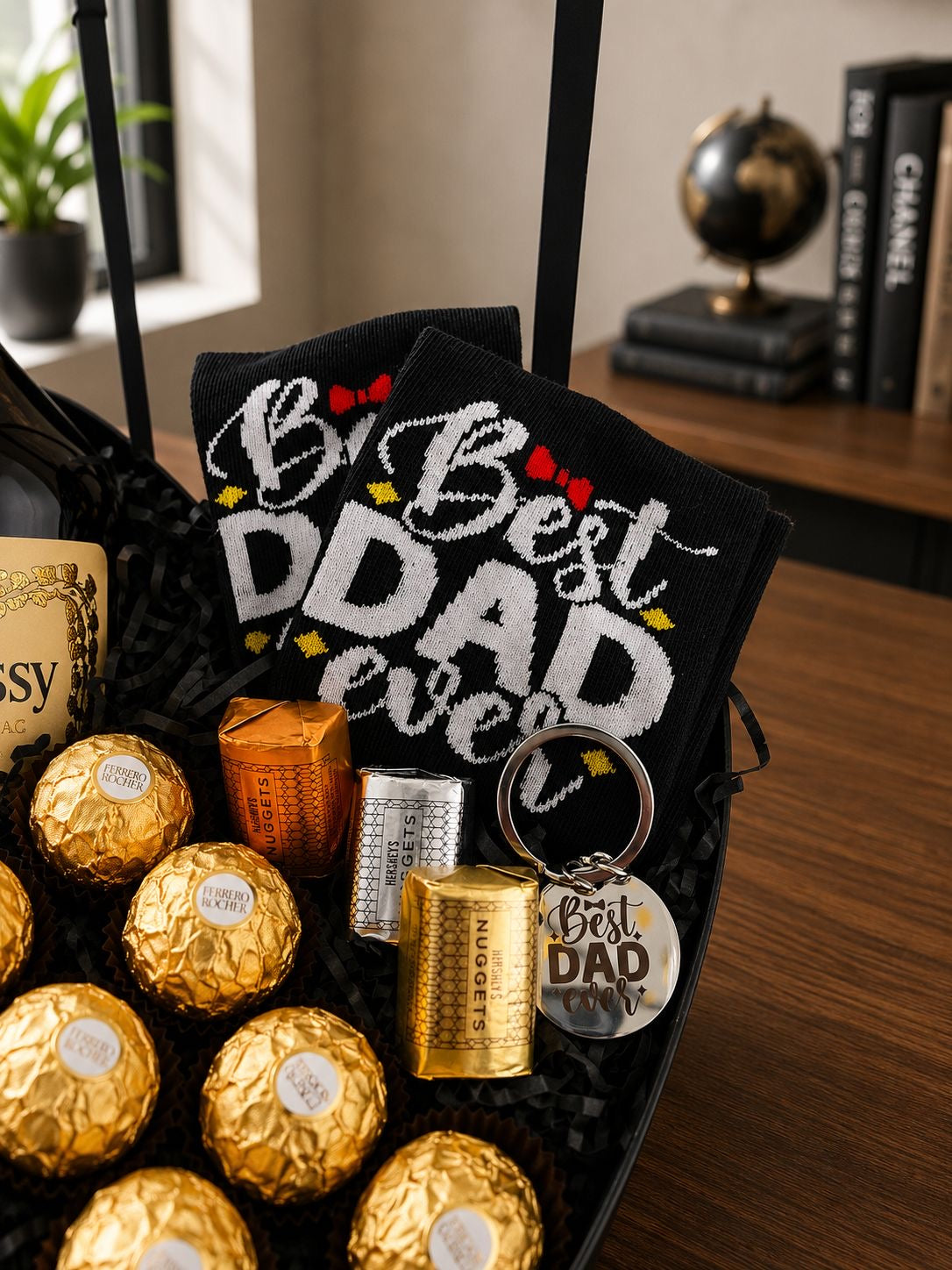 Liquor package with socks and keychain